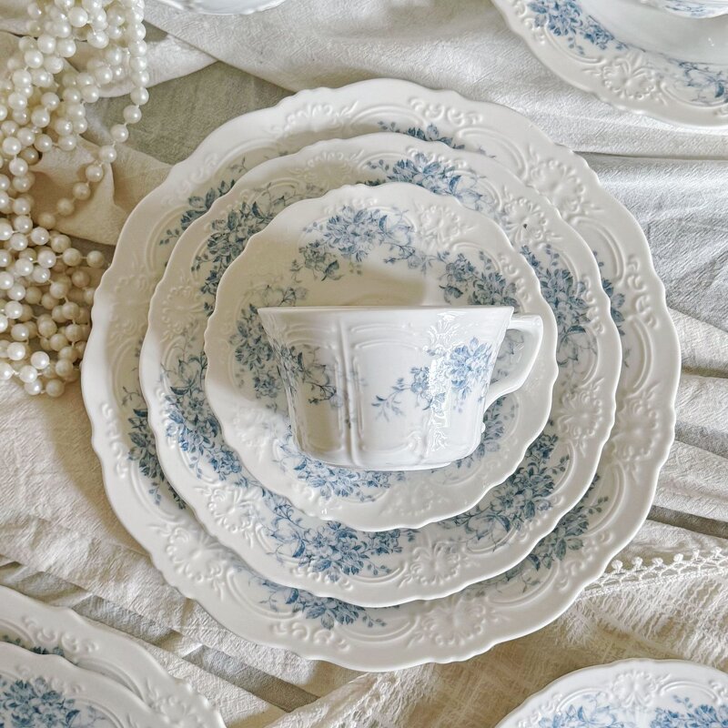 Ceramic Dinnerware Manufacturer - Vintage Embossed French Blue Begonia Flower Coffee Cup Saucer Plates Bowls
