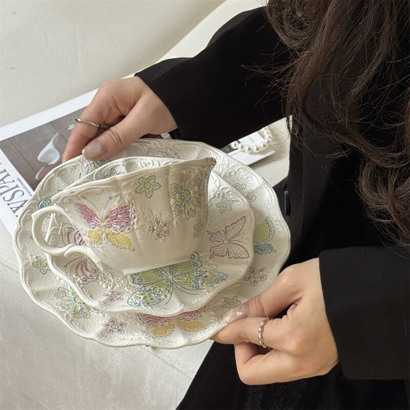 Ceramic Dinnerware Set Manufacturer - Vintage Butterfly Lace Embossed Porcelain Plate Cup Saucer