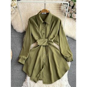 Shirt Dress Manufacturer - Elegant Long Sleeved Lapel with Waistband Closure for Slimming Single Breasted for Women