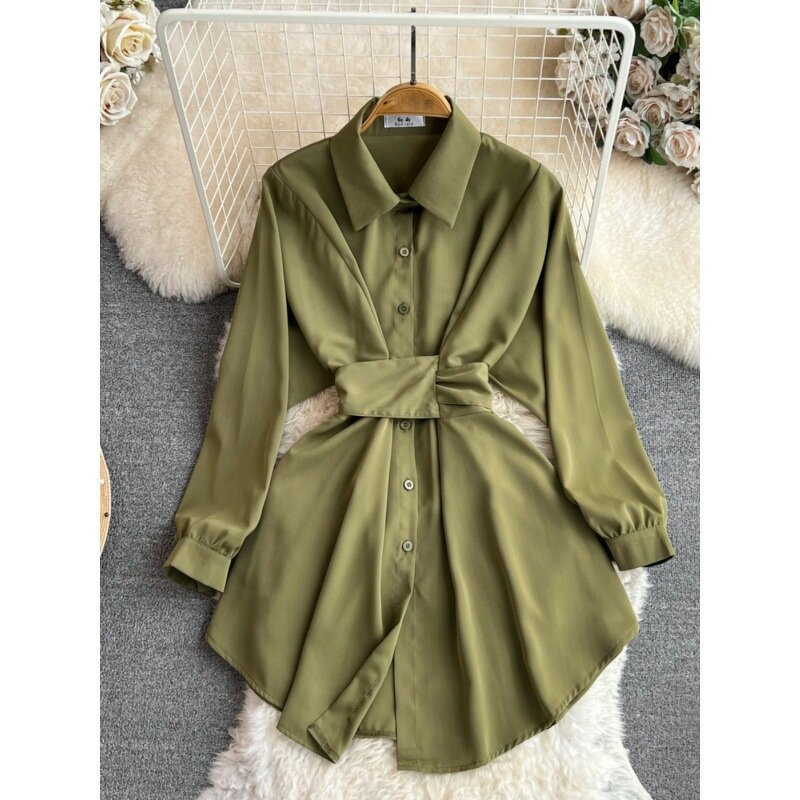 Shirt Dress Manufacturer - Elegant Long Sleeved Lapel with Waistband Closure for Slimming Single Breasted for Women