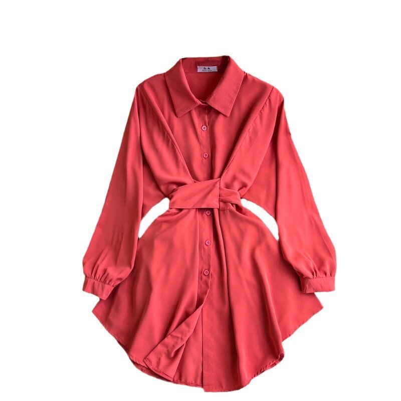 Shirt Dress Manufacturer - Elegant Long Sleeved Lapel with Waistband Closure for Slimming Single Breasted for Women