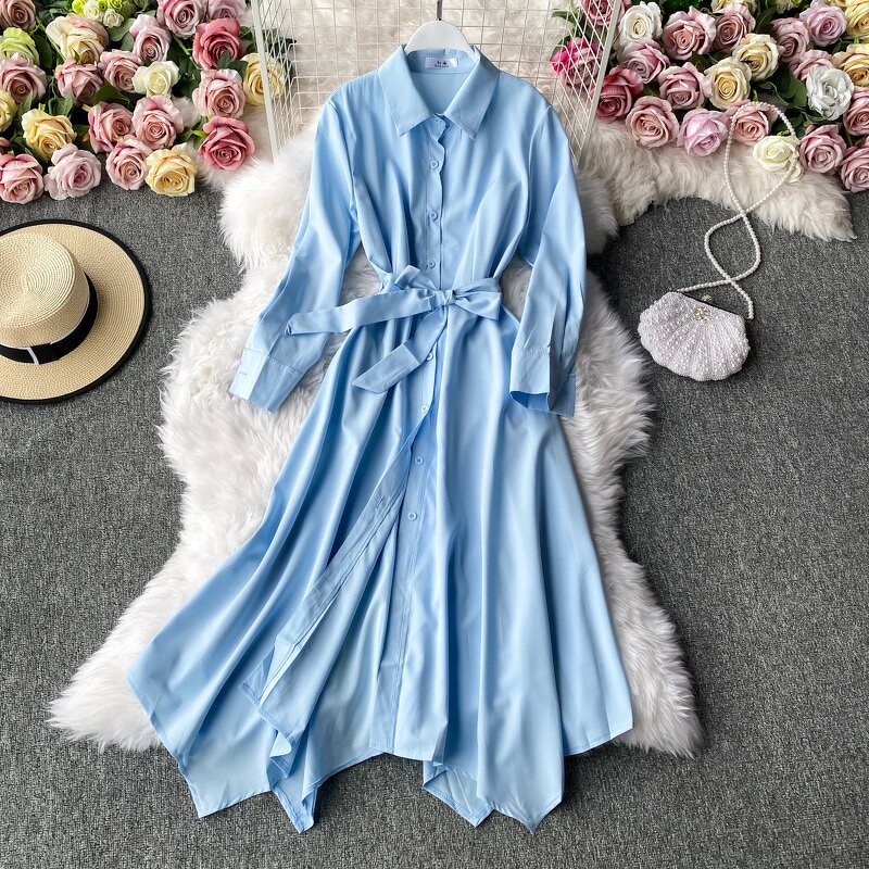 Casual Dress Manufacturer - Autumn Solid for Women High Waist Midi Shirt Ladies Elegant Clothes