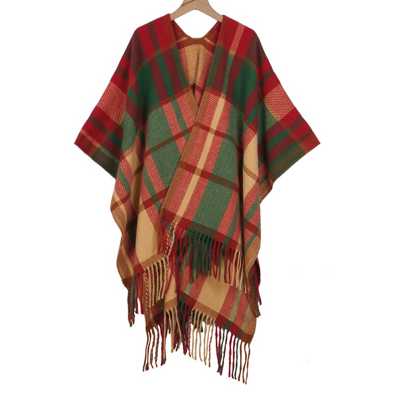 Winter Shawl Manufacturer - Heavy and Thick Pink Green Plaid Polyester Wholesale Factory Warm Sorority Tassel