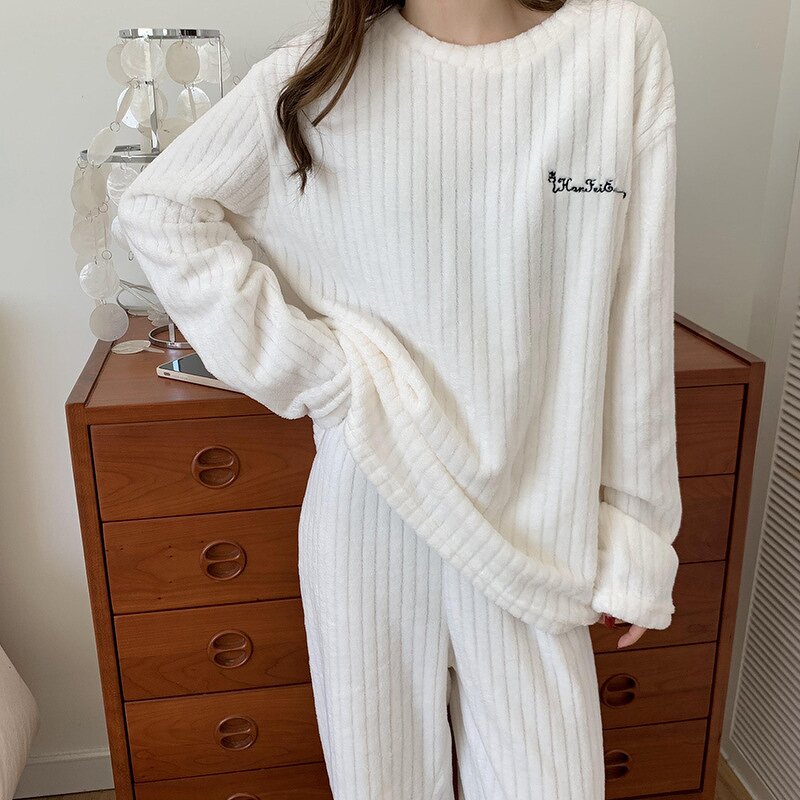 Sleepwear Suit Manufacturer - Women Autumn Winter Long Sleeve O-neck Pullover with Long Wide Leg Casual Fleece Warm