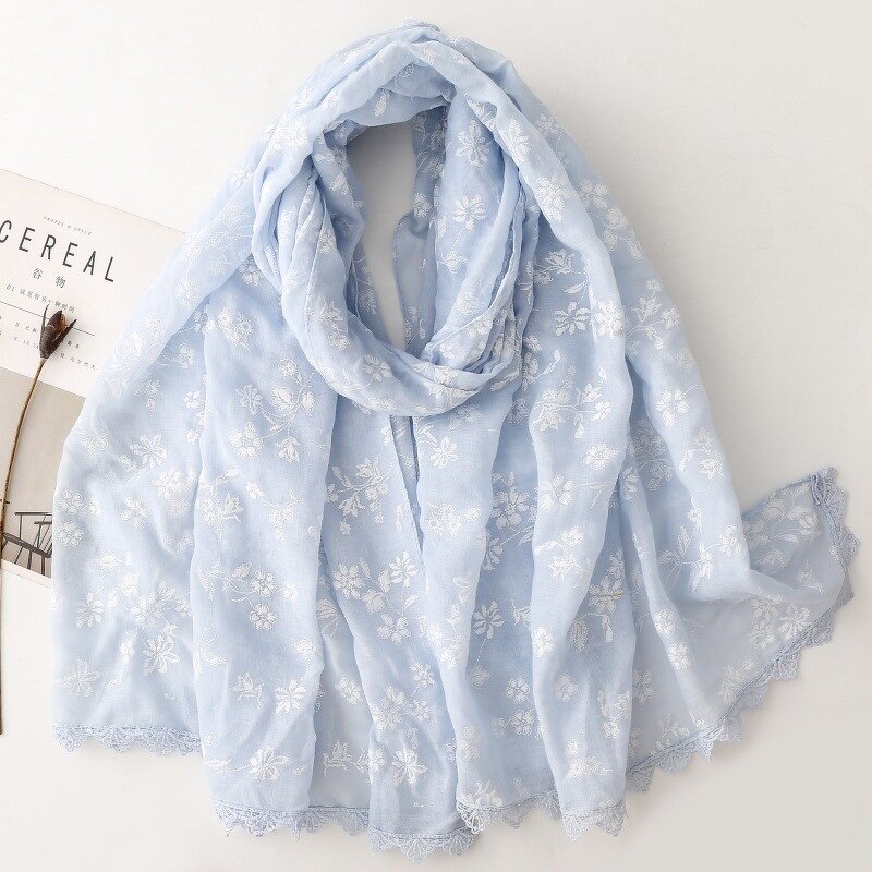 Shawl Manufacturer - Fashion Women Soft Plain Flower Pattern Embroidery 180x85cm Solid Color Embroidered Hijabs
