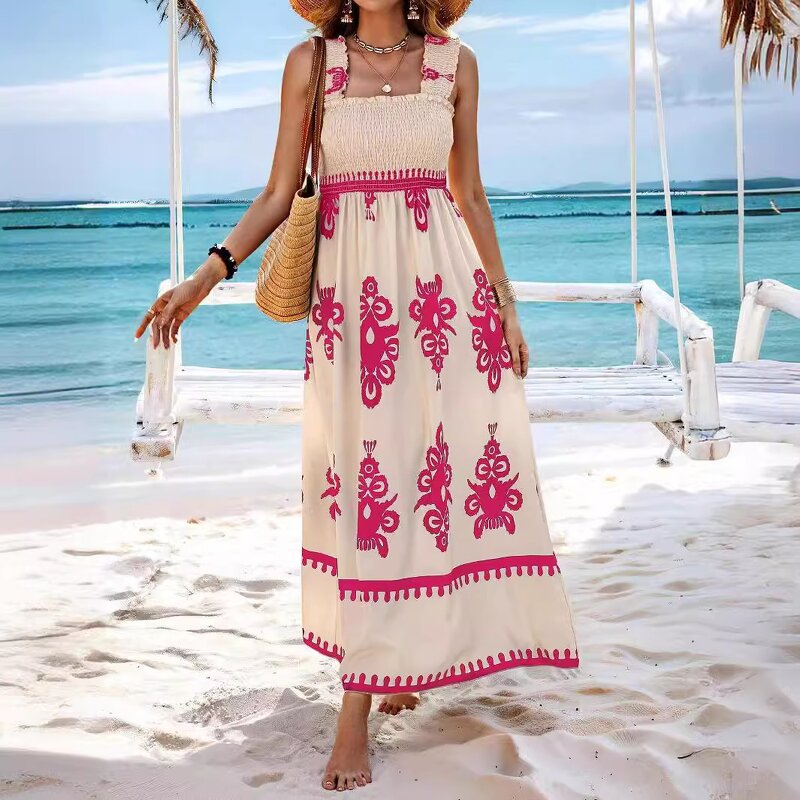 Ethnic Printing Dress Manufacturer - Elegant Sling Long Tropical Seaside Vestido De Verano Women Summer Vacation Sleeveless