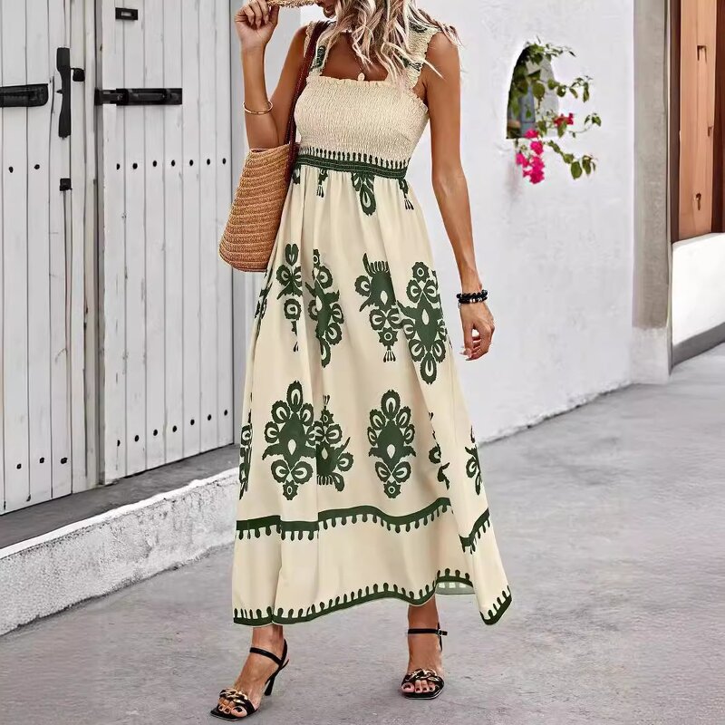 Ethnic Printing Dress Manufacturer - Elegant Sling Long Tropical Seaside Vestido De Verano Women Summer Vacation Sleeveless