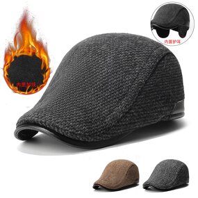 Winter Cap Manufacturer - Thick Warm for Men Solid Black Grey Flat 5 Panel Beret with Ear Flaps
