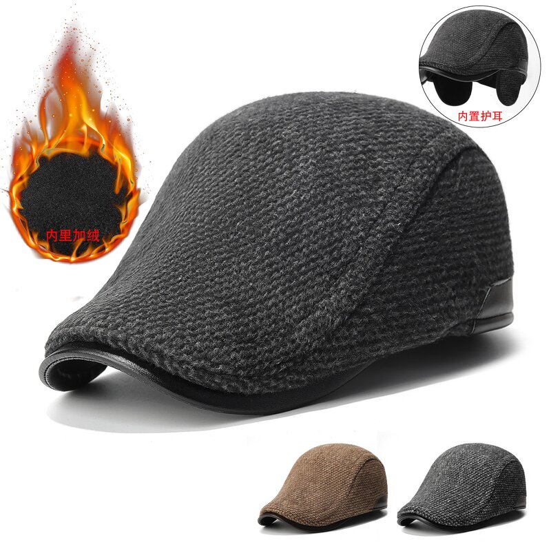 Winter Cap Manufacturer - Thick Warm for Men Solid Black Grey Flat 5 Panel Beret with Ear Flaps