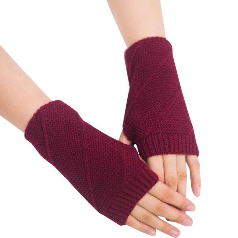 Knitted Gloves Manufacturer - Women Semi-Long Autumn Winter Half Fingered Hand Warmer Girls Rhombus Soft