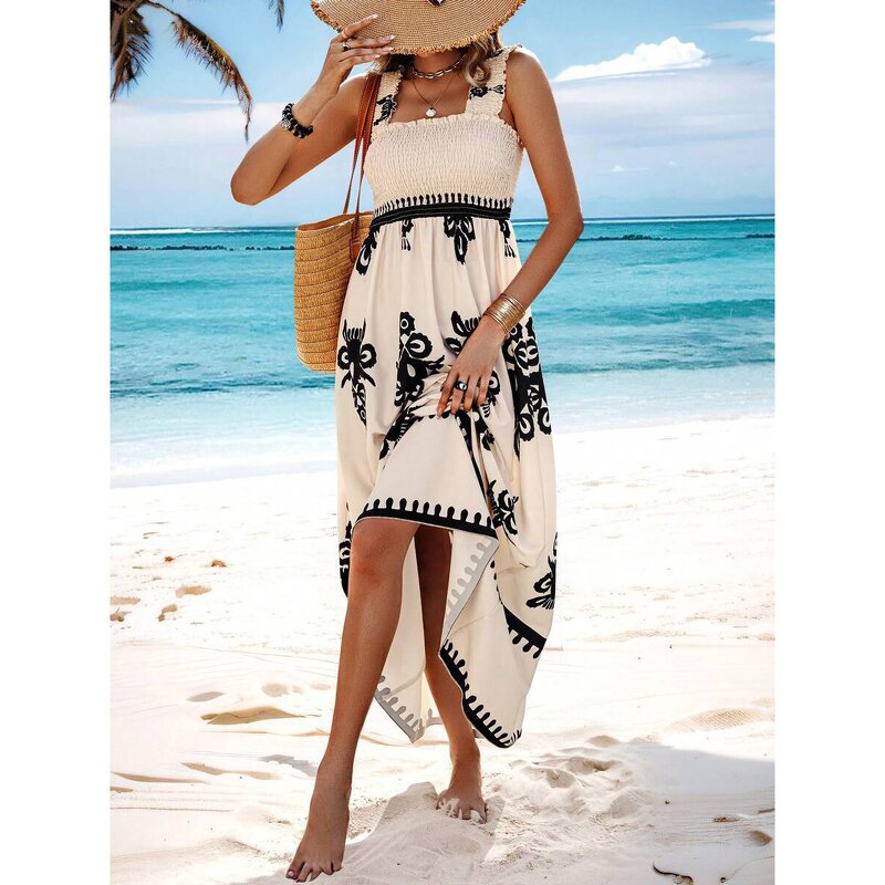Ethnic Printing Dress Manufacturer - Elegant Sling Long Tropical Seaside Vestido De Verano Women Summer Vacation Sleeveless