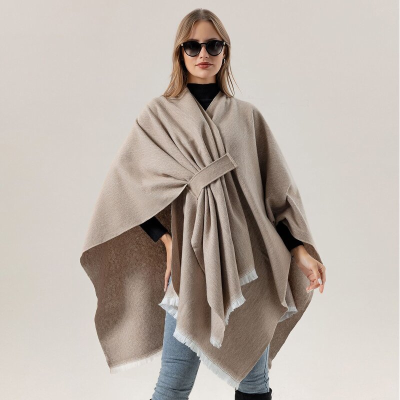 Cashmere Feeling Shawl Manufacturer - Solid Color Autumn Large Split Cape Thermal Cloak Plain Fashion Polyester