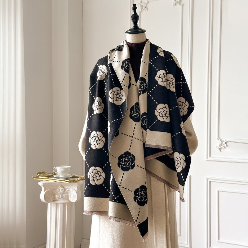 Double-Sided Scarf Manufacturer - Luxury Designer Camellia Style Dual-Purpose Warm Outer Shawl Rose Flower Jacquard
