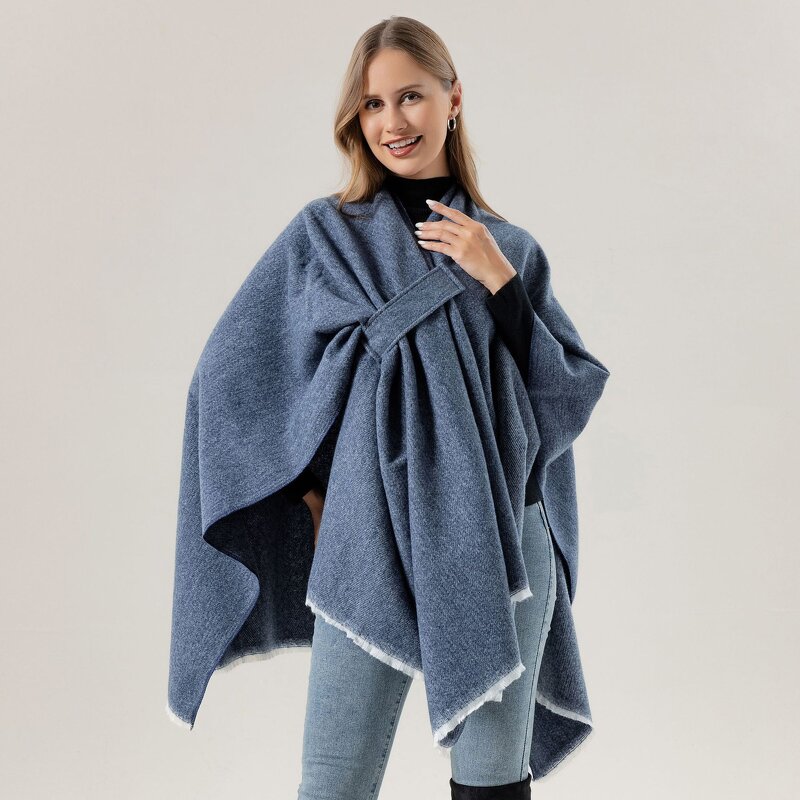 Cashmere Feeling Shawl Manufacturer - Solid Color Autumn Large Split Cape Thermal Cloak Plain Fashion Polyester