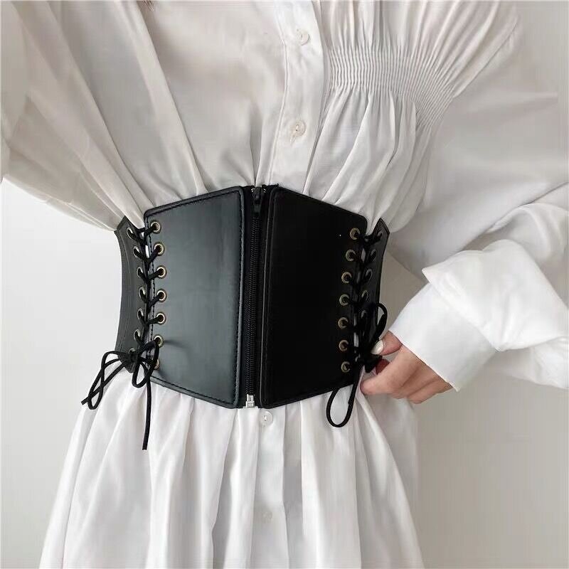 Corset Belt Manufacturer - Women's Gothic Fashion PU Leather Female Lace-up Slimming Waist Vintage Black Wide