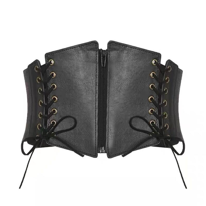 Corset Belt Manufacturer - Women's Gothic Fashion PU Leather Female Lace-up Slimming Waist Vintage Black Wide