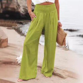 Palazzo Pants Manufacturer - Women Summer High Waisted Cotton Linen Wide Leg Long Lounge with Pocket