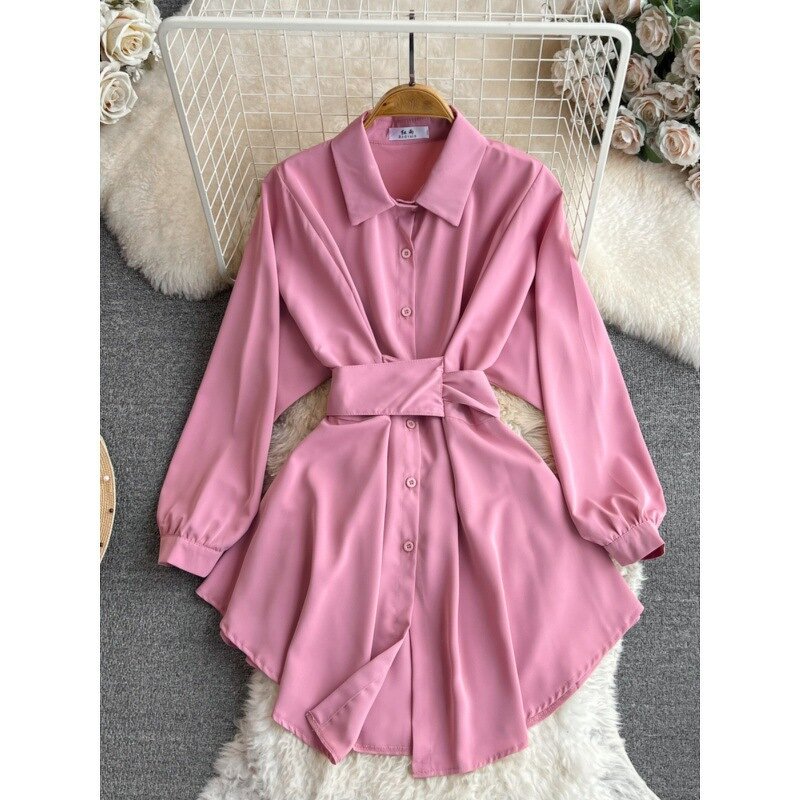 Shirt Dress Manufacturer - Elegant Long Sleeved Lapel with Waistband Closure for Slimming Single Breasted for Women