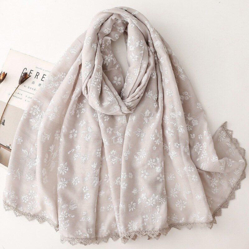 Shawl Manufacturer - Fashion Women Soft Plain Flower Pattern Embroidery 180x85cm Solid Color Embroidered Hijabs