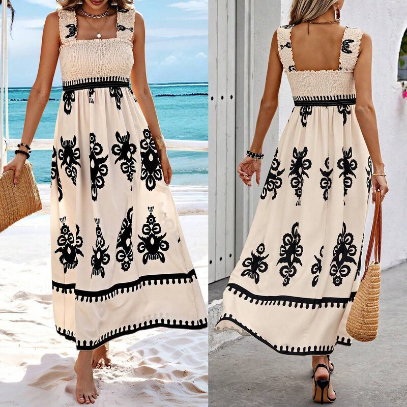 Ethnic Printing Dress Manufacturer - Elegant Sling Long Tropical Seaside Vestido De Verano Women Summer Vacation Sleeveless