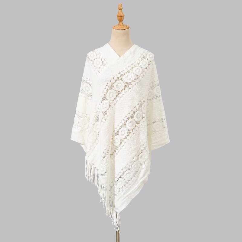 Capes Shawls Manufacturer - 2025 New Plain Color Hollowed Out Tassel Ponchos for Ladies Knit Cardigans Cloaks