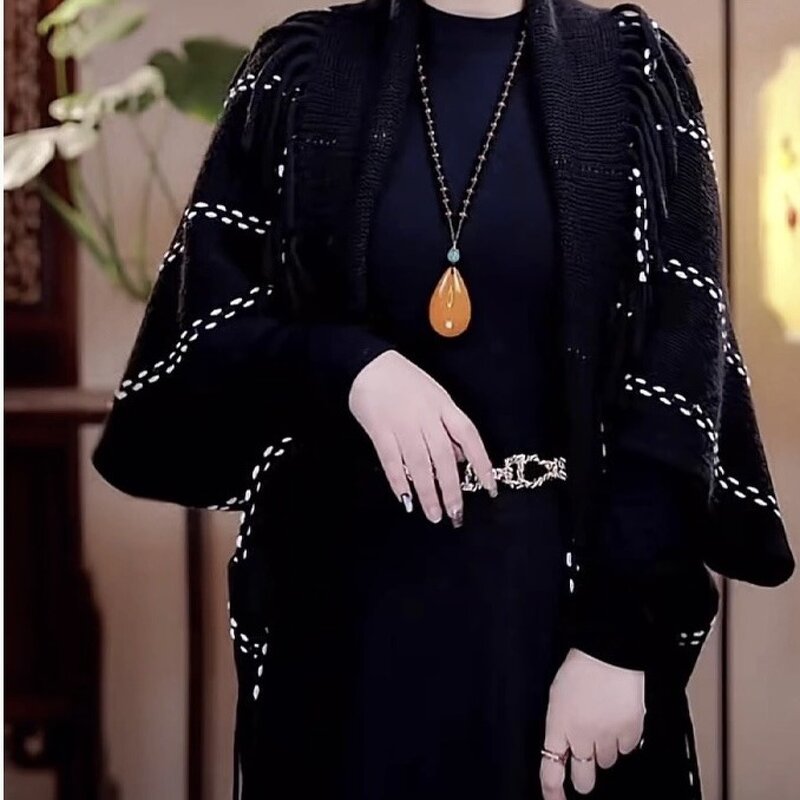 Shawl Manufacturer - 2025 Latest Winter Fashion Open Front Poncho Cardigan Knitted Boho Geometric Tassel Pasmina