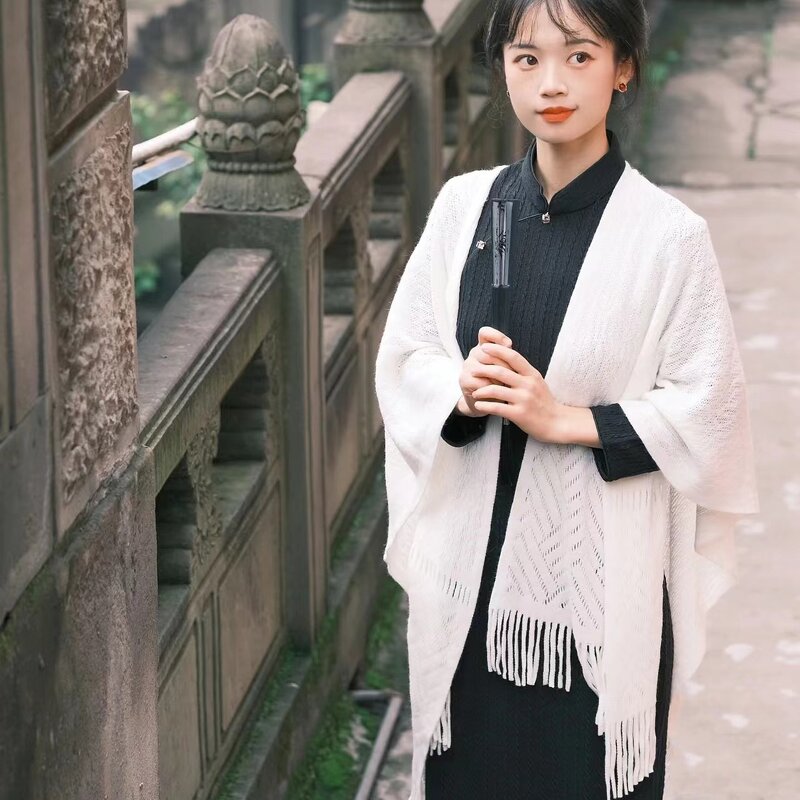 Capes Shawls Manufacturer - 2025 New Plain Color Hollowed Out Tassel Ponchos for Ladies Knit Cardigans Cloaks