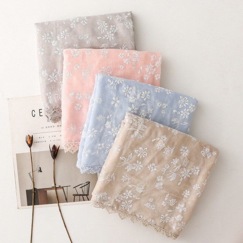 Shawl Manufacturer - Fashion Women Soft Plain Flower Pattern Embroidery 180x85cm Solid Color Embroidered Hijabs