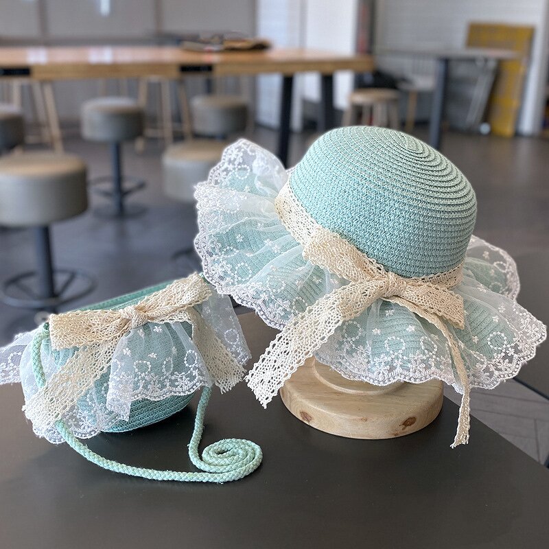 Girls Hat Manufacturer - New Fashion Summer Lace Flower Breathable Straw Elegant Children's Sun with Pompom