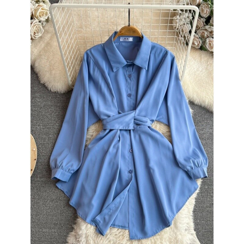 Shirt Dress Manufacturer - Elegant Long Sleeved Lapel with Waistband Closure for Slimming Single Breasted for Women