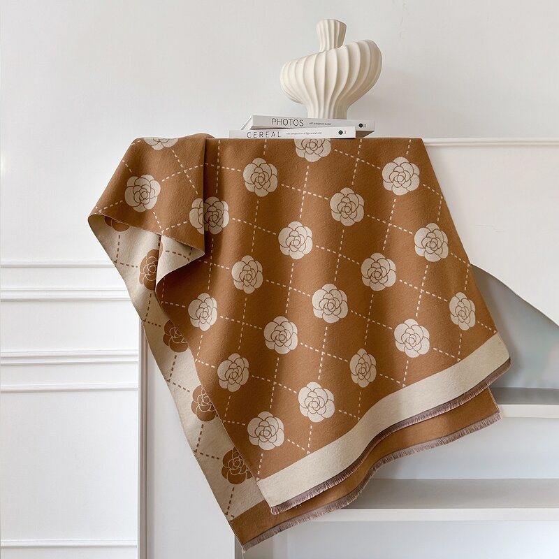 Double-Sided Scarf Manufacturer - Luxury Designer Camellia Style Dual-Purpose Warm Outer Shawl Rose Flower Jacquard