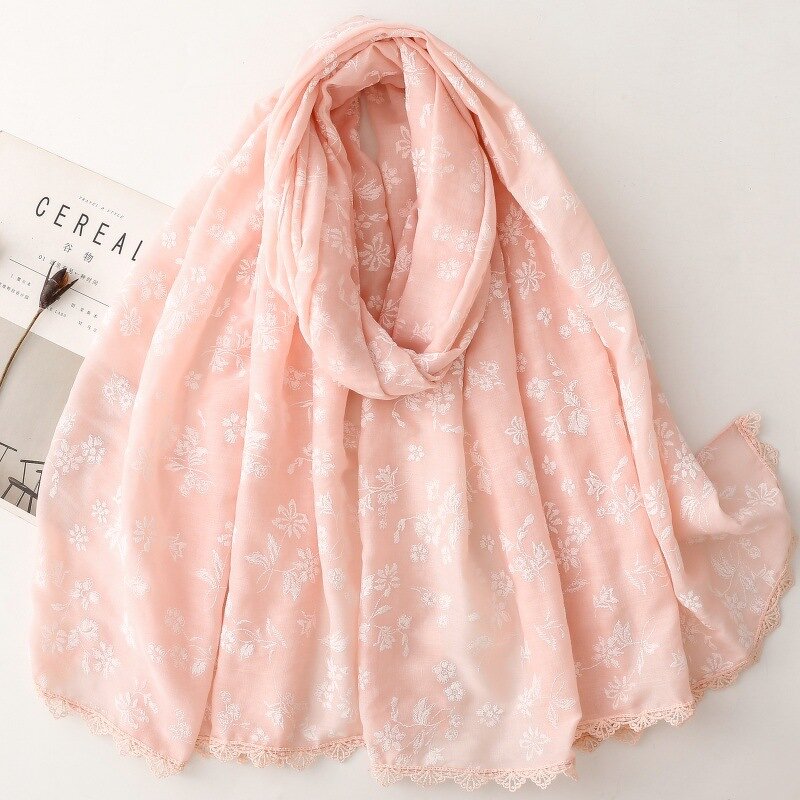 Shawl Manufacturer - Fashion Women Soft Plain Flower Pattern Embroidery 180x85cm Solid Color Embroidered Hijabs