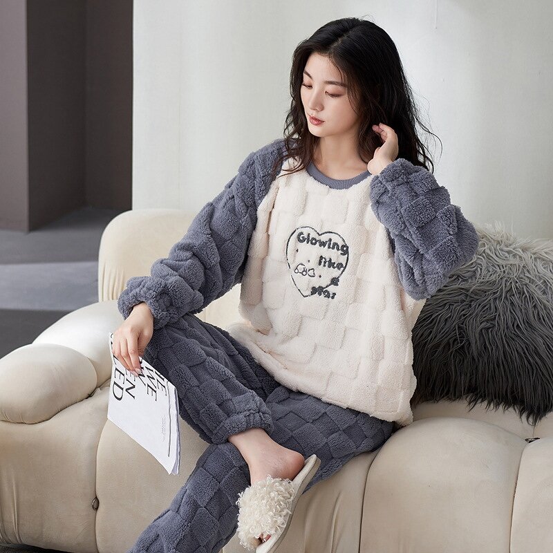 Flannel Pajama Set Manufacturer - Women's Fluffy Coral Fleece Pullover Loose 2 Piece Plush Warm Loungewear