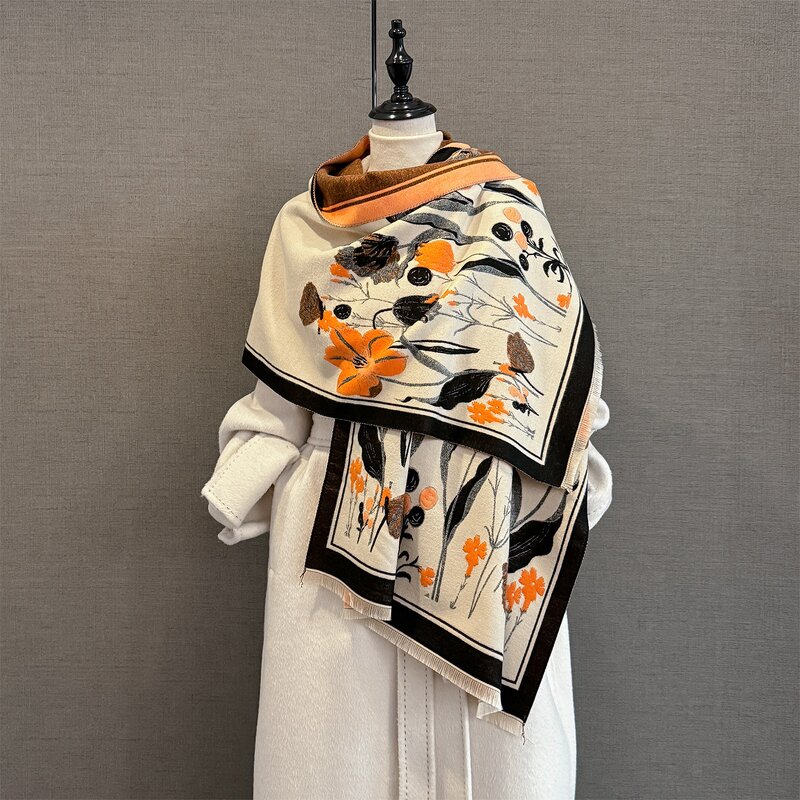 Faux Cashmere Scarf Manufacturer - 2025 Korean Style Printed for Women Elegant Double-Sided Thickened Winter