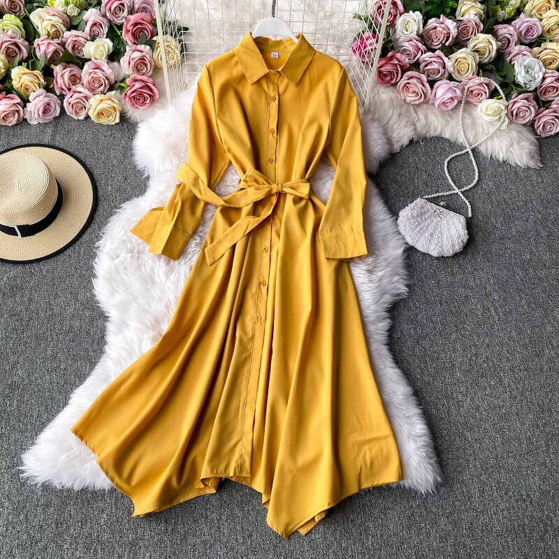 Casual Dress Manufacturer - Autumn Solid for Women High Waist Midi Shirt Ladies Elegant Clothes