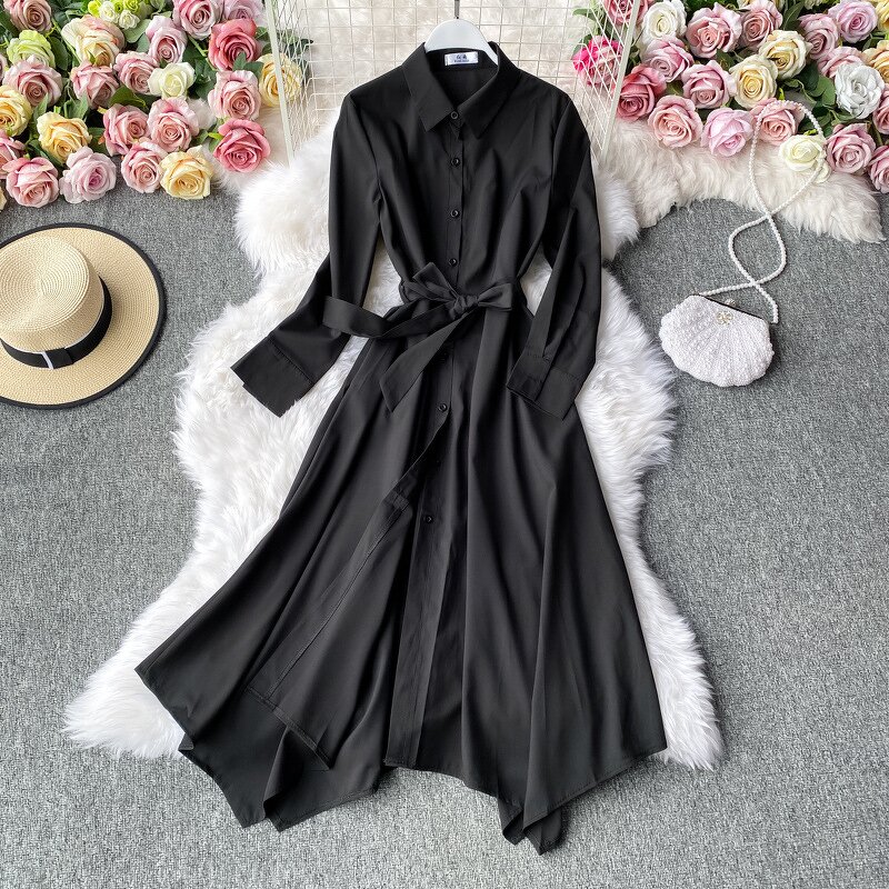 Casual Dress Manufacturer - Autumn Solid for Women High Waist Midi Shirt Ladies Elegant Clothes