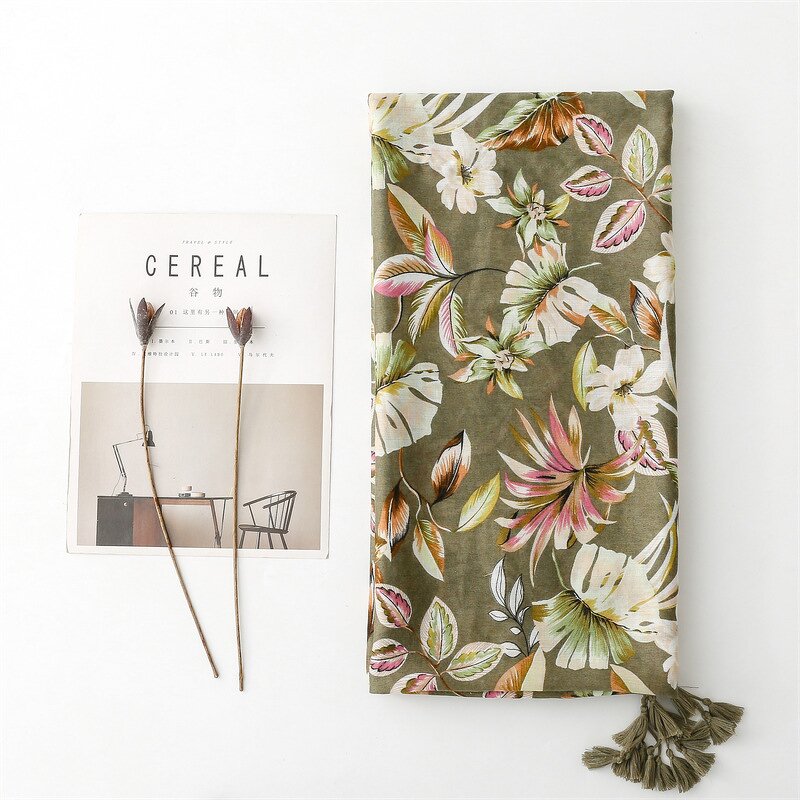 Cotton Voile Scarf Manufacturer - Newest Elegant Leaf Flower Printed Tassels for Women Olive Green Floral Hijabs