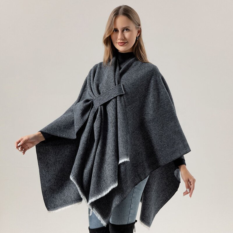 Cashmere Feeling Shawl Manufacturer - Solid Color Autumn Large Split Cape Thermal Cloak Plain Fashion Polyester