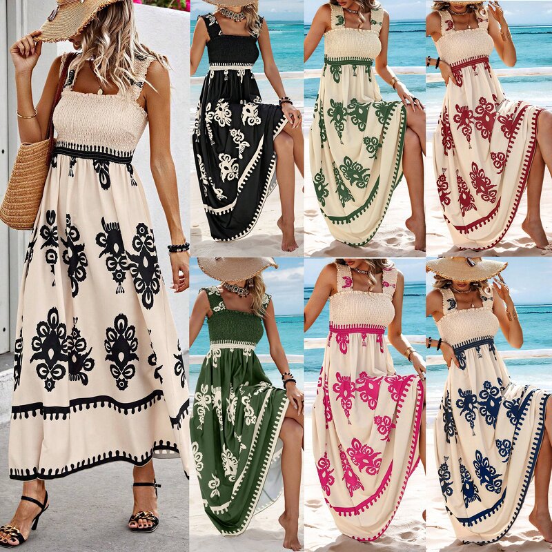 Ethnic Printing Dress Manufacturer - Elegant Sling Long Tropical Seaside Vestido De Verano Women Summer Vacation Sleeveless