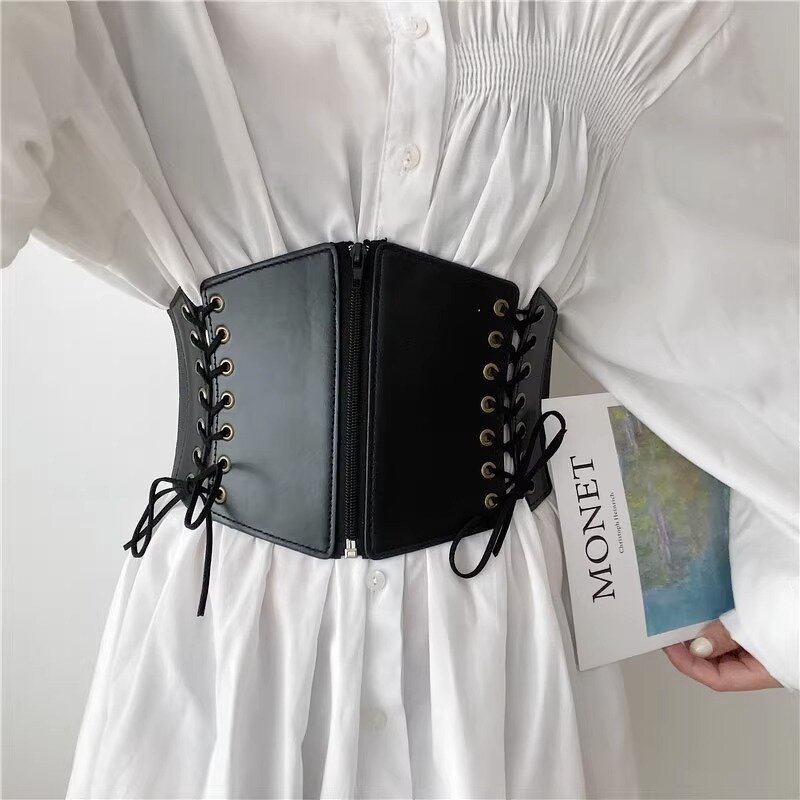 Corset Belt Manufacturer - Women's Gothic Fashion PU Leather Female Lace-up Slimming Waist Vintage Black Wide