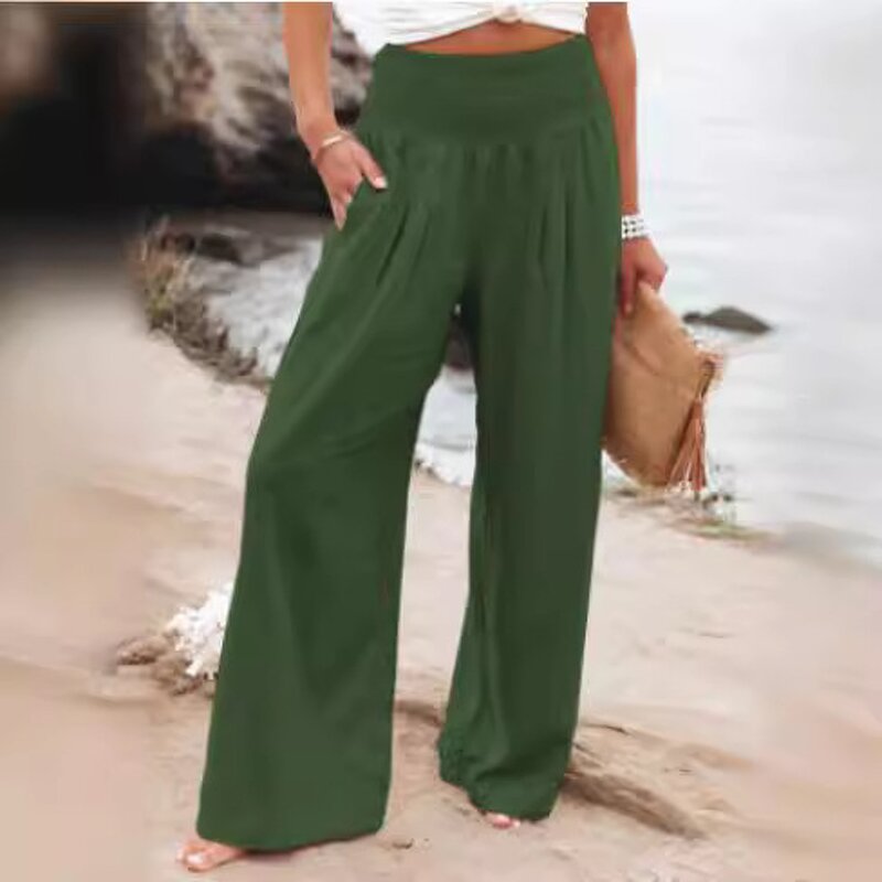 Palazzo Pants Manufacturer - Women Summer High Waisted Cotton Linen Wide Leg Long Lounge with Pocket