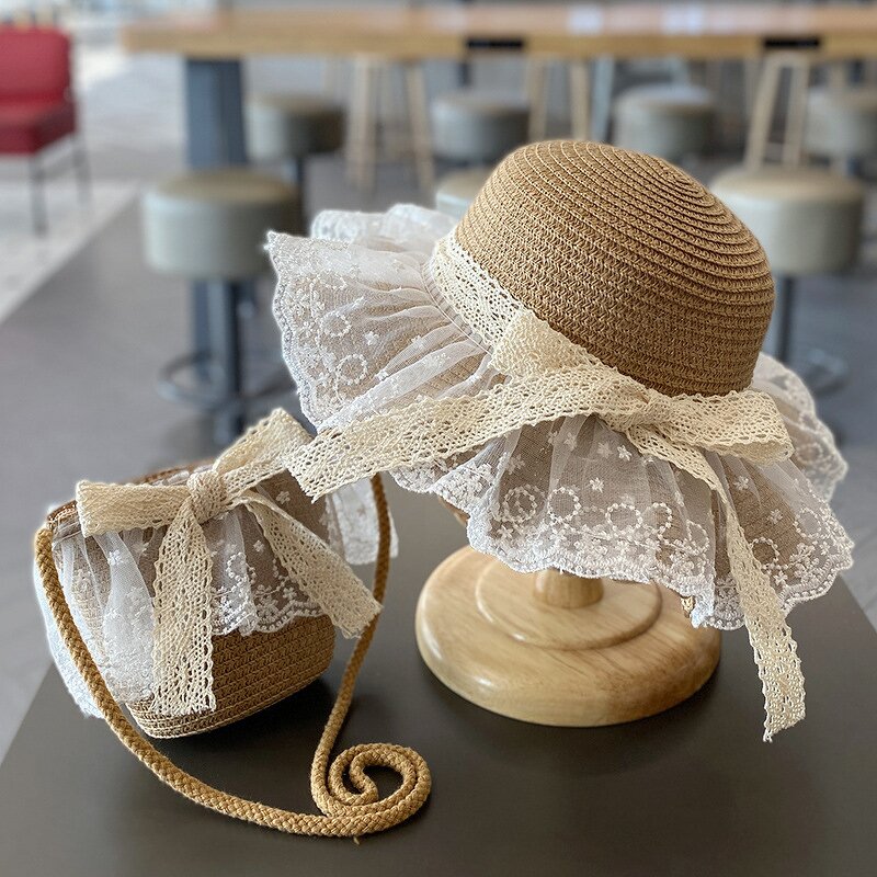 Girls Hat Manufacturer - New Fashion Summer Lace Flower Breathable Straw Elegant Children's Sun with Pompom