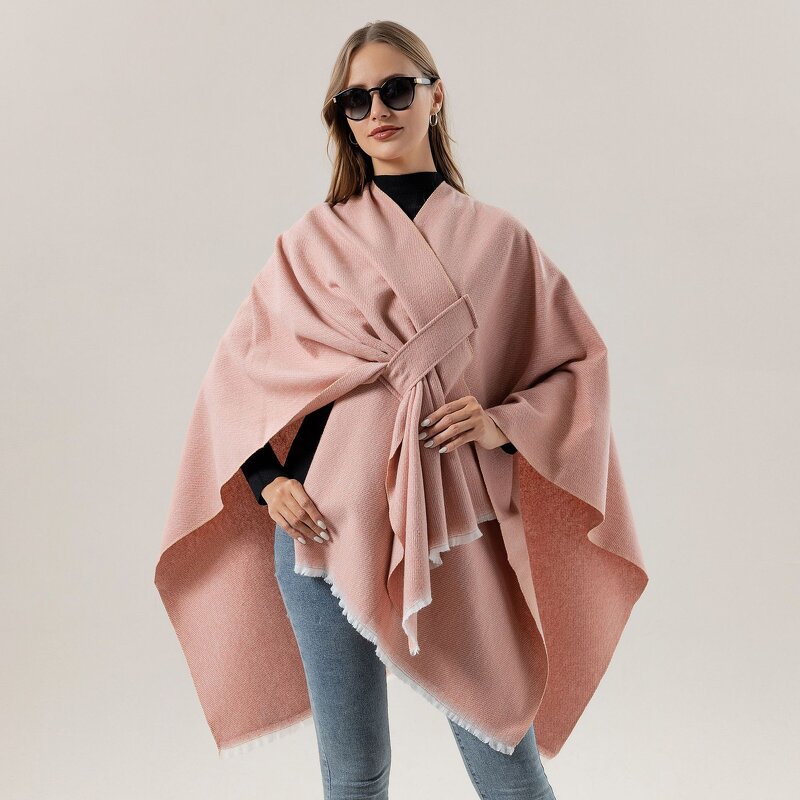 Cashmere Feeling Shawl Manufacturer - Solid Color Autumn Large Split Cape Thermal Cloak Plain Fashion Polyester