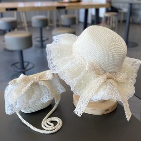 Girls Hat Manufacturer - New Fashion Summer Lace Flower Breathable Straw Elegant Children's Sun with Pompom