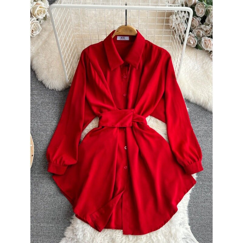 Shirt Dress Manufacturer - Elegant Long Sleeved Lapel with Waistband Closure for Slimming Single Breasted for Women