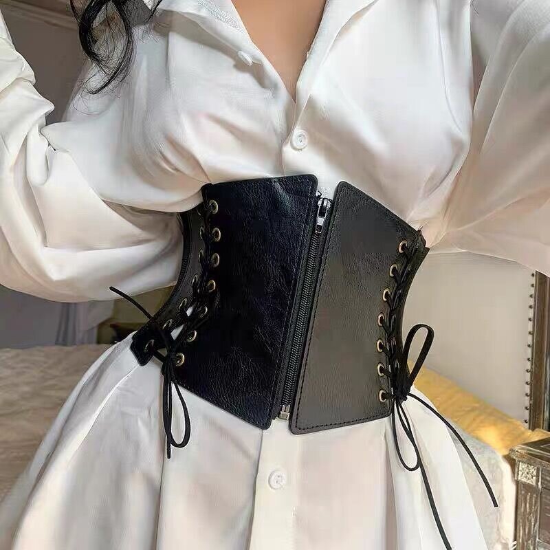 Corset Belt Manufacturer - Women's Gothic Fashion PU Leather Female Lace-up Slimming Waist Vintage Black Wide