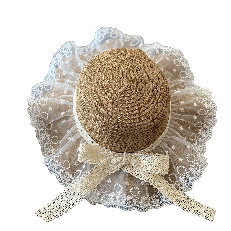 Girls Hat Manufacturer - New Fashion Summer Lace Flower Breathable Straw Elegant Children's Sun with Pompom