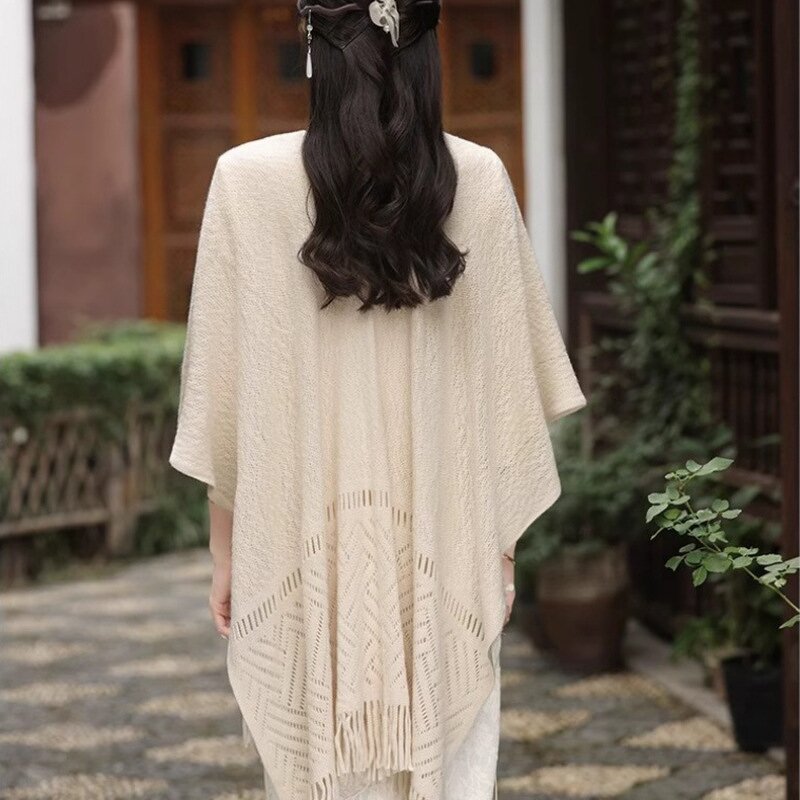Capes Shawls Manufacturer - 2025 New Plain Color Hollowed Out Tassel Ponchos for Ladies Knit Cardigans Cloaks