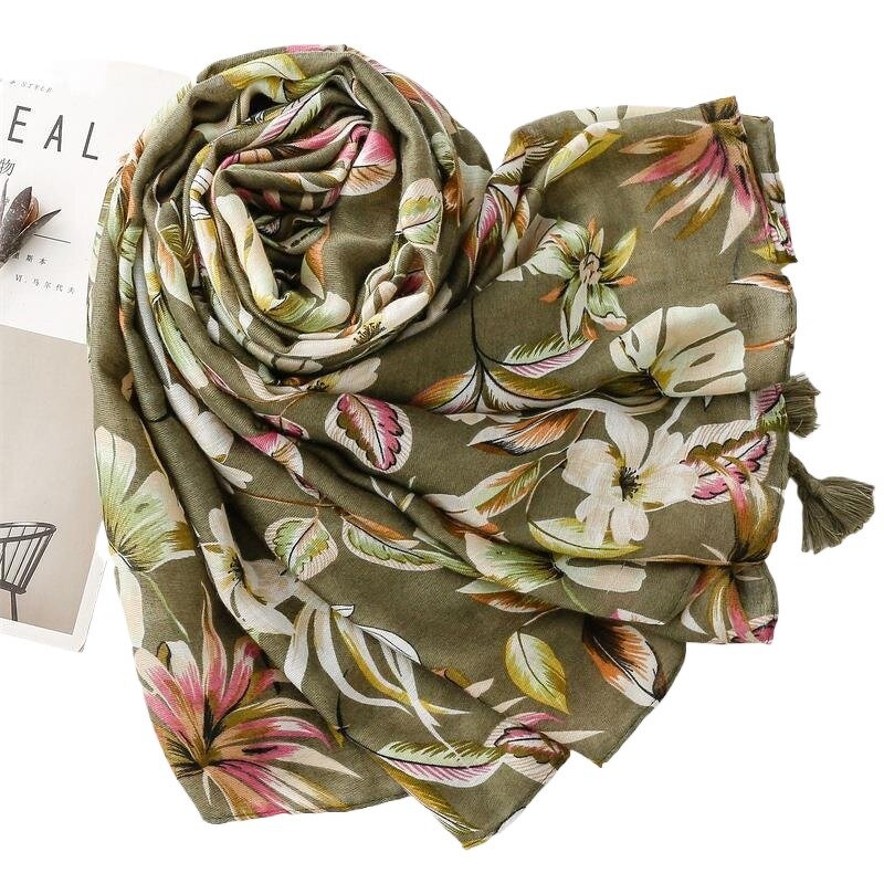 Cotton Voile Scarf Manufacturer - Newest Elegant Leaf Flower Printed Tassels for Women Olive Green Floral Hijabs