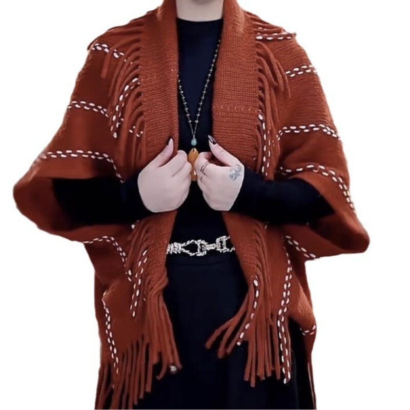 Shawl Manufacturer - 2025 Latest Winter Fashion Open Front Poncho Cardigan Knitted Boho Geometric Tassel Pasmina